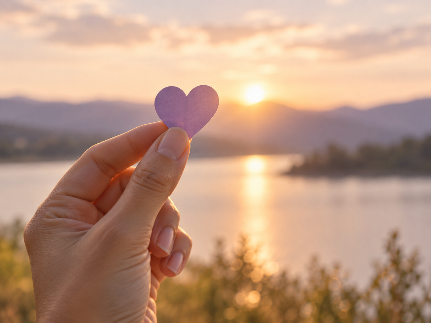 Mano sosteniendo un pequeño corazón violeta frente a un paisaje iluminado por el atardecer