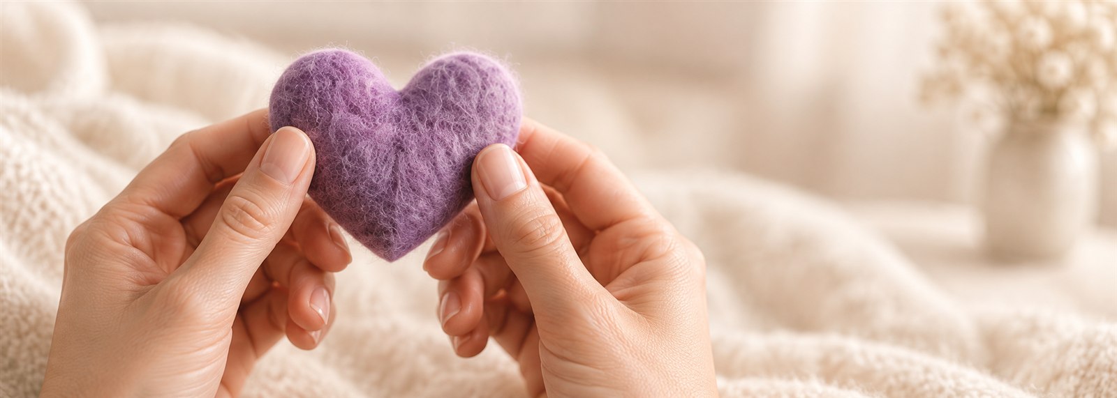 Manos sosteniendo un corazón de fieltro color lavanda