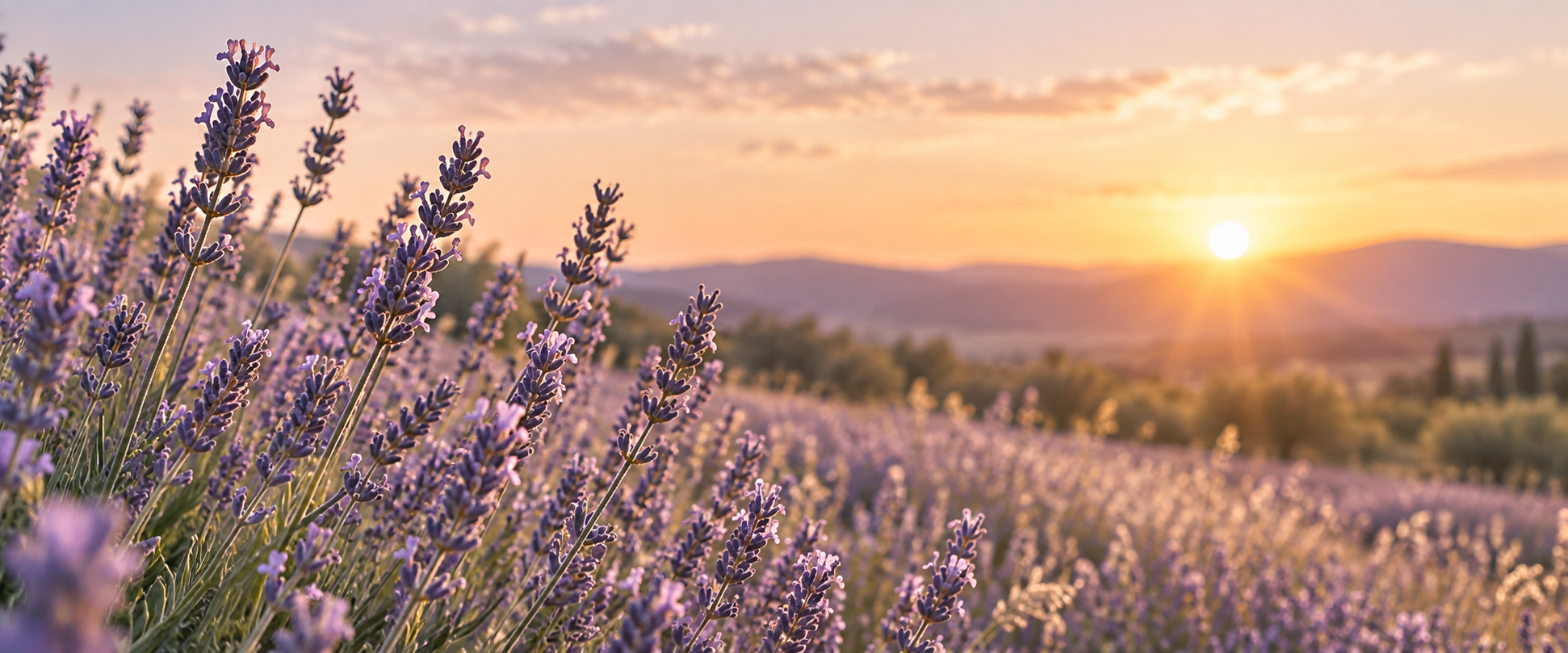 Campo de lavanda iluminado por el atardecer