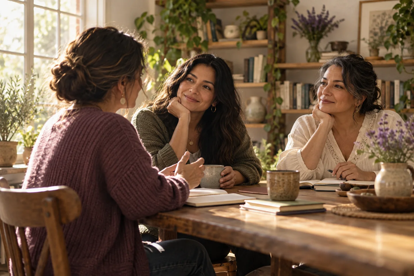 Tres mujeres conversan alrededor de una mesa con cuadernos en un espacio cálido. Imagen ilustrativa.