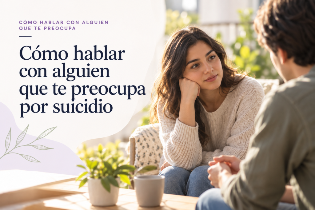Dos personas conversando con atención en un recurso sobre prevención del suicidio