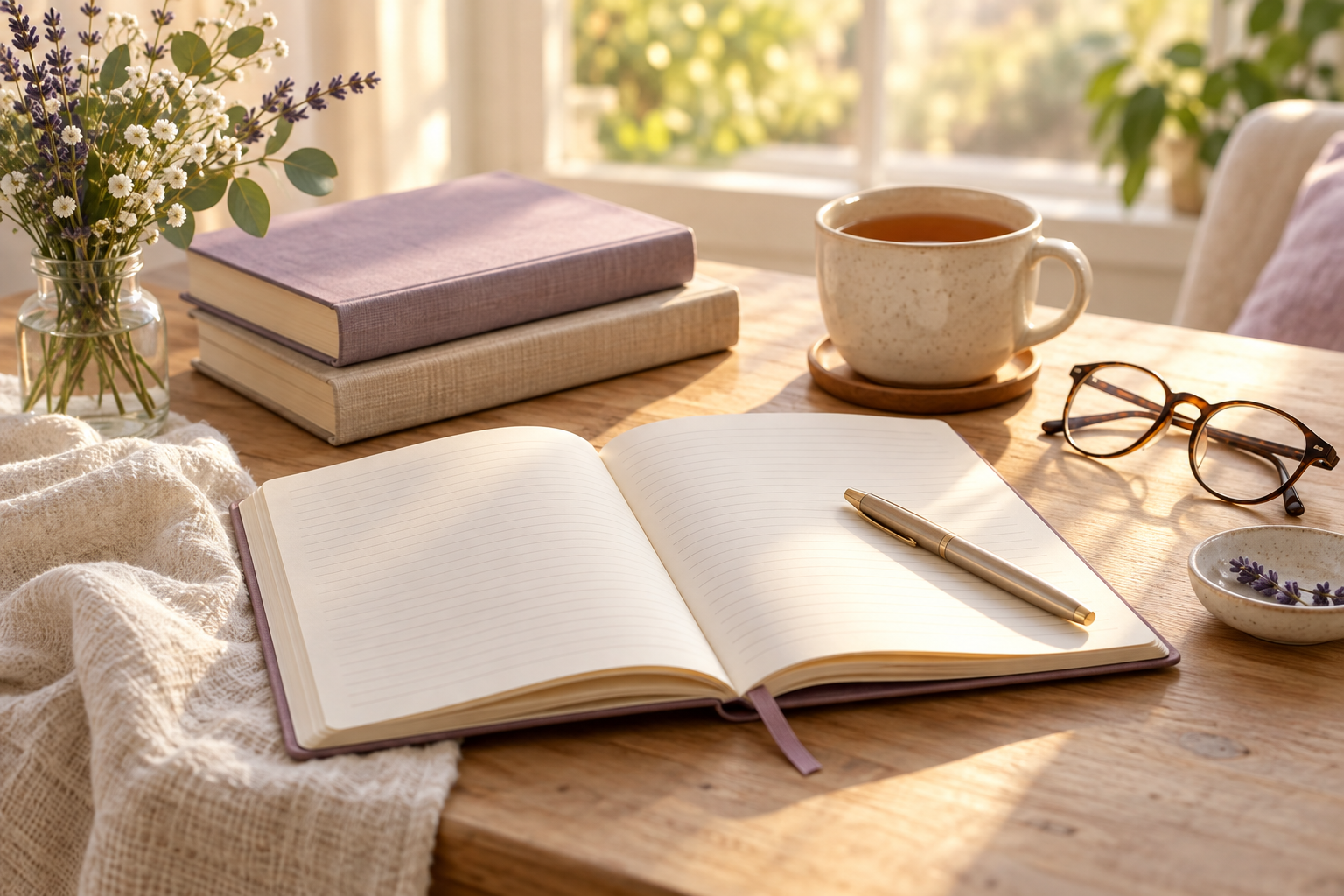 Libros, cuaderno, bolígrafo y una taza de té en un espacio de aprendizaje