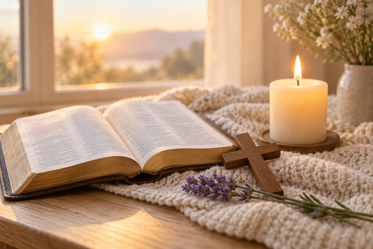 Biblia abierta, cruz, vela y lavanda iluminadas por el amanecer