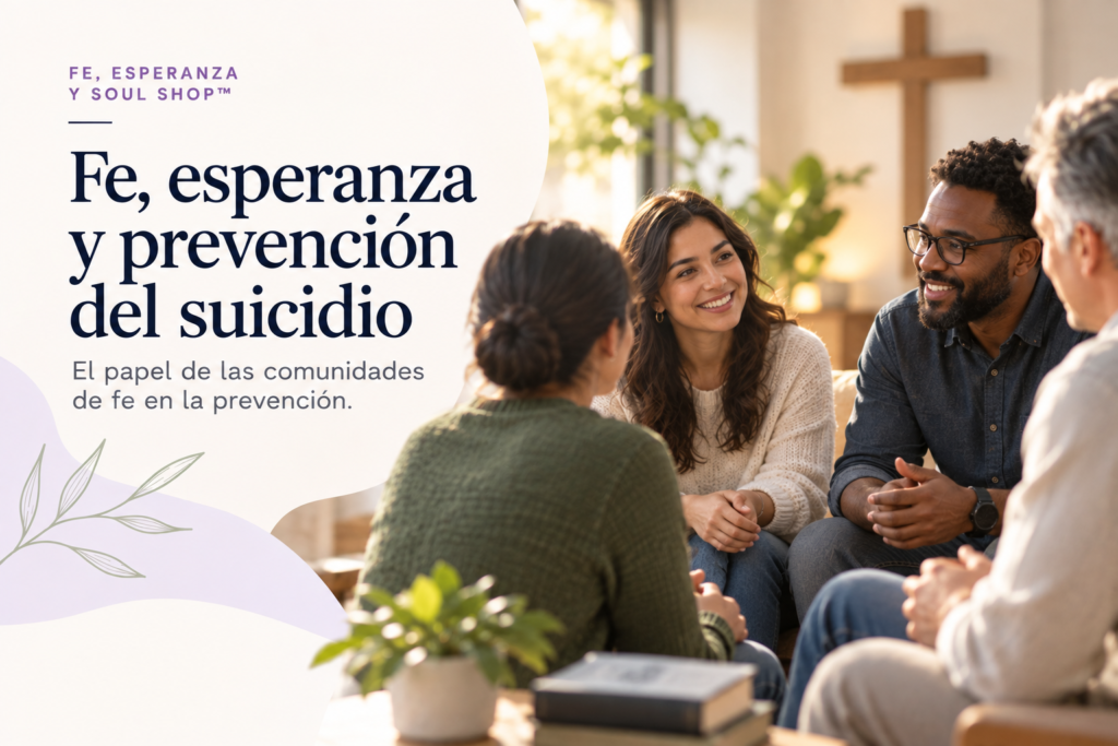 Personas reunidas en una comunidad de fe hablando sobre esperanza y prevención del suicidio